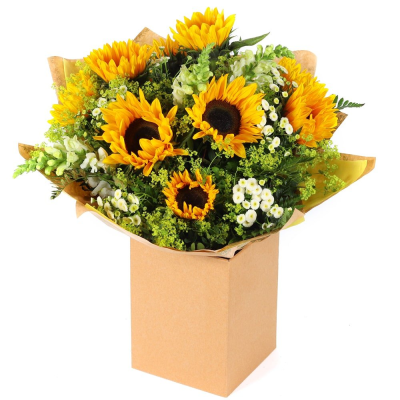 Sunshine Splendour - Radiate joy and warmth with this cheerful bouquet of sunflowers and lush greenery. Presented in a beautiful packaging, it's perfect for bringing a touch of sunshine into any space.